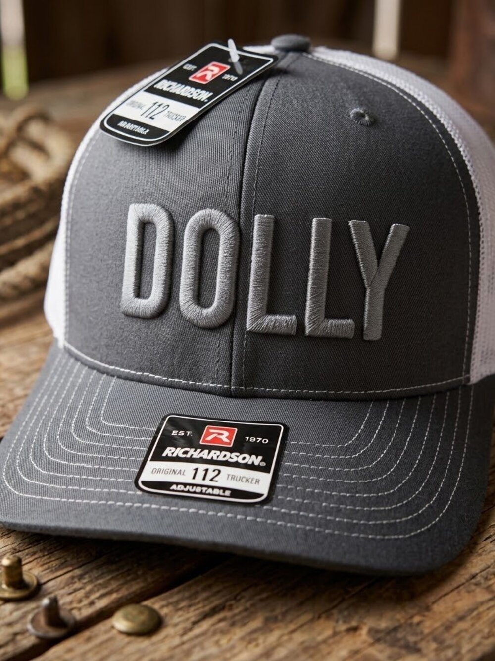 Dolly Embroidered Charcoal Grey White Richardson 112 Trucker Hat Cap Country 70s